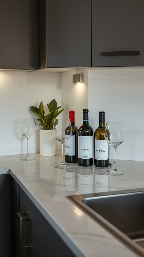 A stylish kitchen countertop featuring a wine station with bottles of wine and glasses, complemented by a small plant.