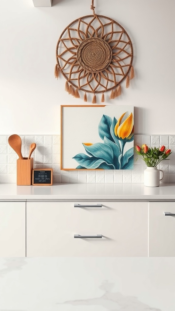 A kitchen countertop featuring a colorful floral artwork and a woven wall hanging.