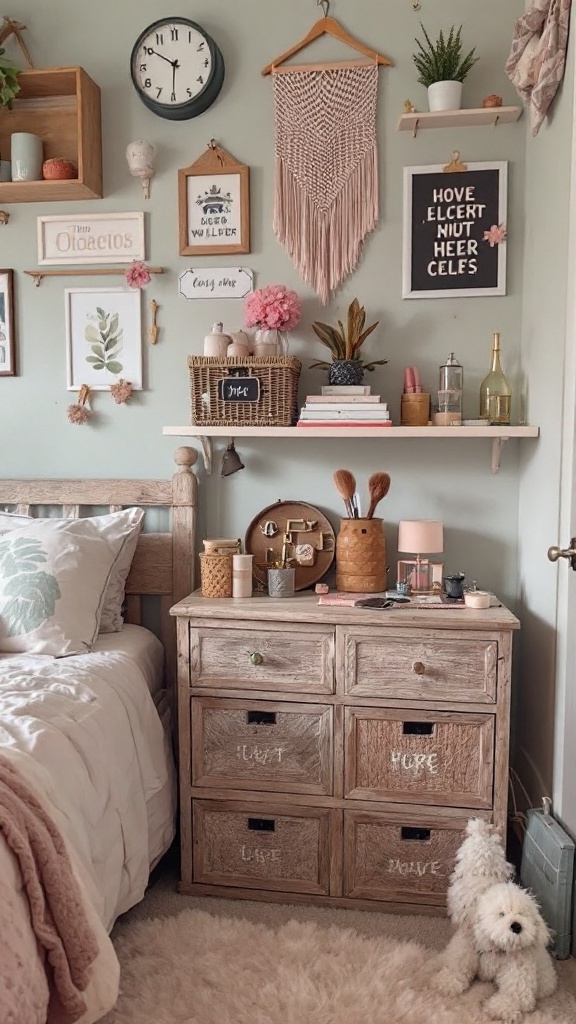 A cozy dorm room featuring a decorative wall, a storage chest, and various plants.