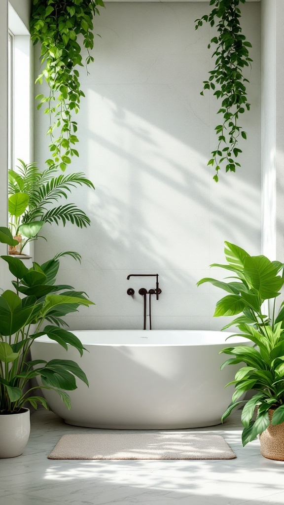 A stylish bathroom featuring a large white tub surrounded by various green plants, creating a fresh and inviting atmosphere.