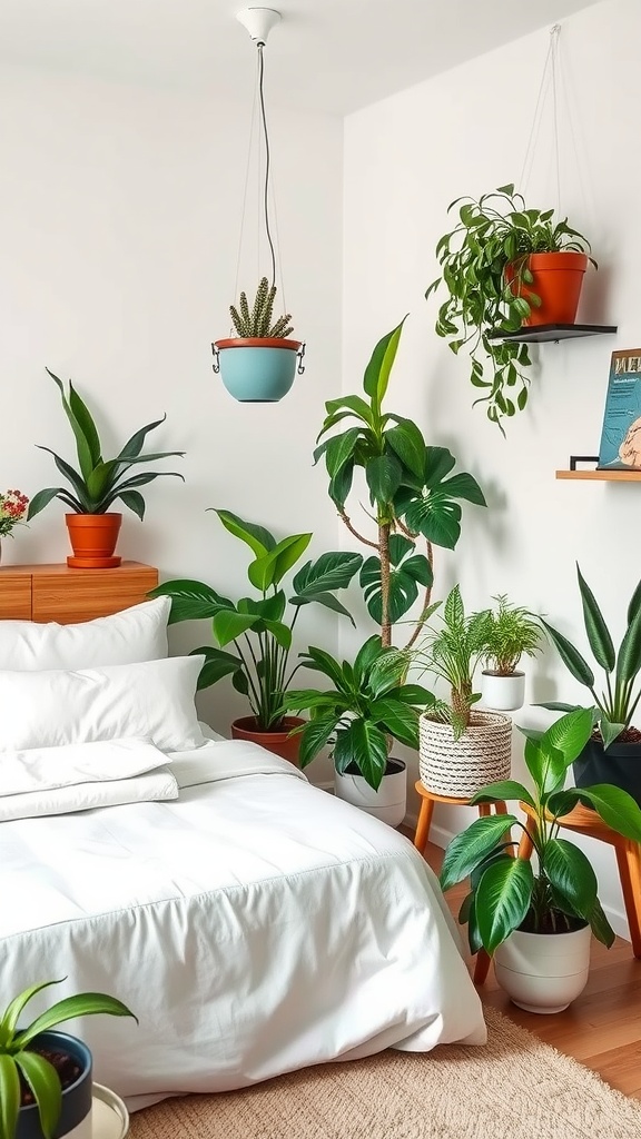 A mid-century bedroom with various houseplants, featuring a white bed and wooden furniture.