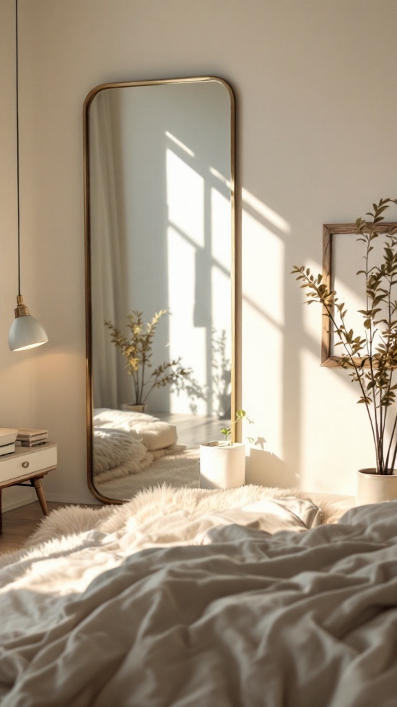 A beautifully decorated small bedroom featuring a large mirror, soft bedding, and natural elements.