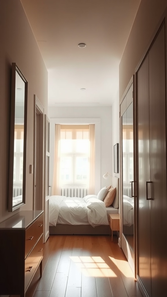 A narrow bedroom with mirrors on the walls, creating a sense of depth