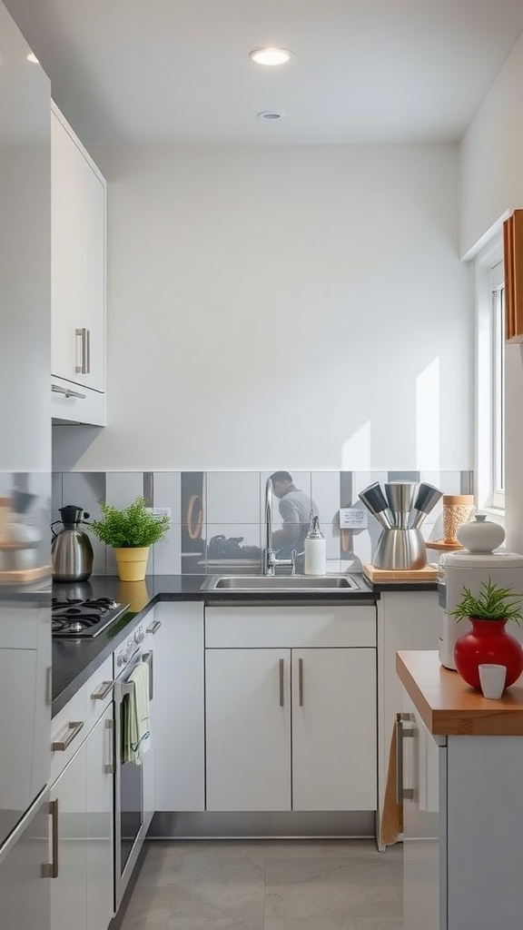 Small modern kitchen with a bright and airy feel, featuring mirrors and sleek cabinetry.