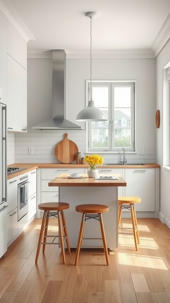 Bright and modern small kitchen featuring a central island with wooden countertops and three stools.