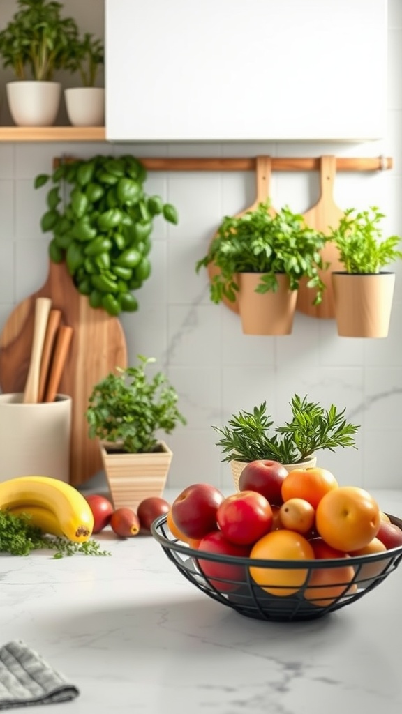 A kitchen countertop with a bowl of fruits and various herbs in pots.