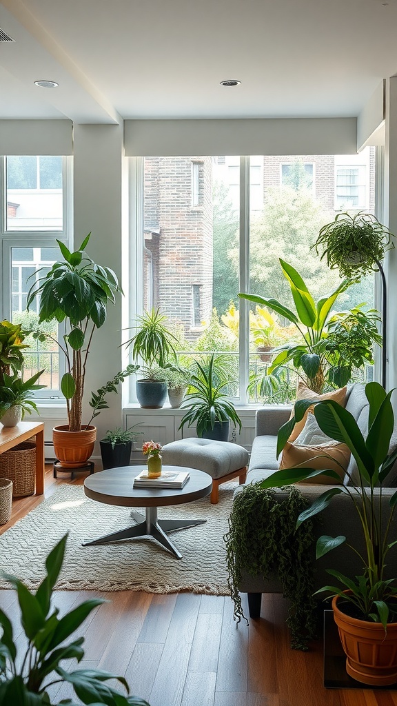 A bright living room filled with various indoor plants, showcasing a cozy and natural atmosphere.