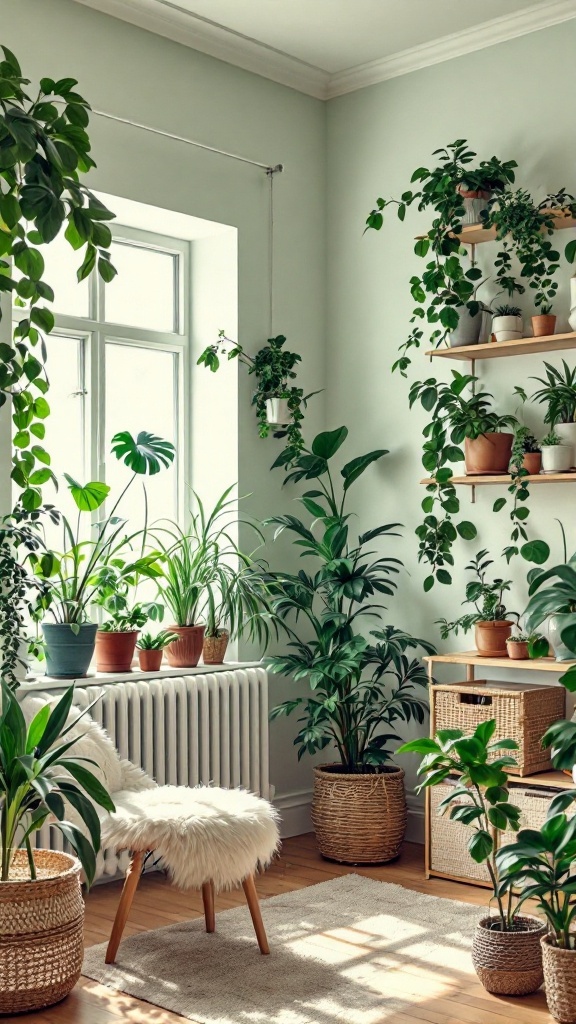 A small bedroom with various indoor plants displayed on shelves and the floor, creating a fresh and inviting atmosphere.
