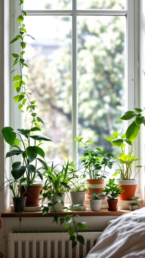 A sunny window sill filled with various houseplants in pots, adding greenery and freshness to a room.