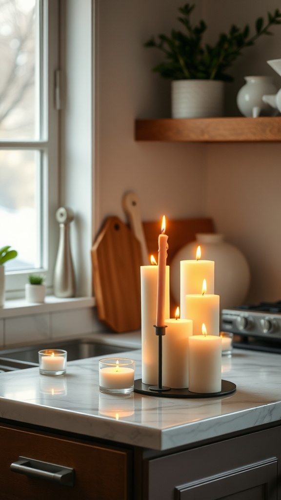 A stylish kitchen countertop featuring various scented candles in different sizes, creating a warm and inviting atmosphere.