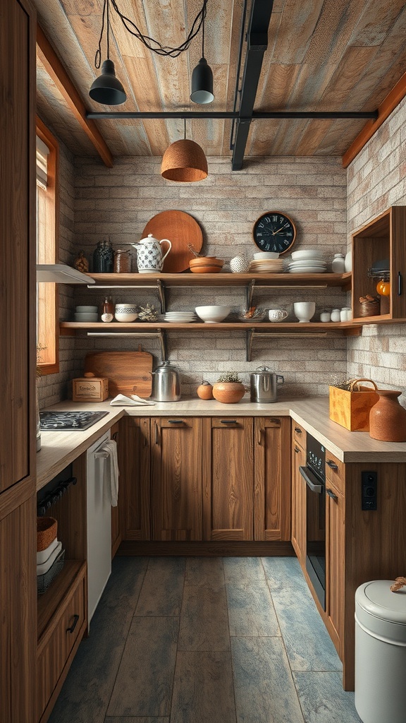 A small kitchen featuring wooden cabinets, open shelves with various dishes, and textured walls.