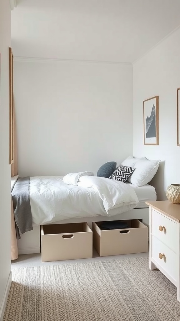 Small bedroom with under-bed storage boxes and a cozy bed setup.