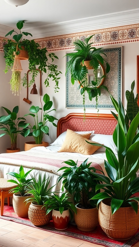 A cozy bohemian bedroom filled with various indoor plants and greenery.