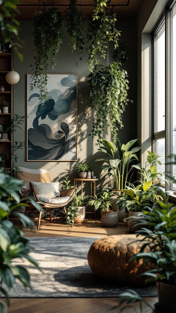 Cozy penthouse living room with various indoor plants and a comfortable seating area.