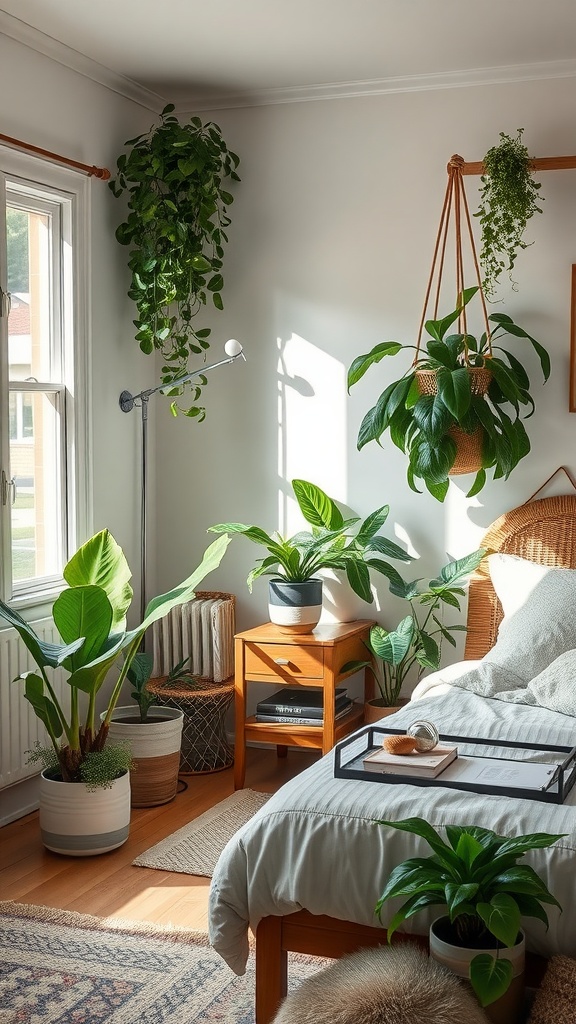 Cozy bedroom with various indoor plants adding a serene touch.