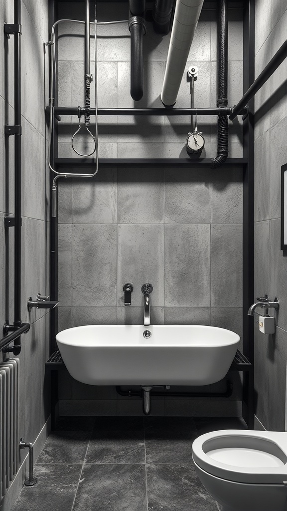 A stylish industrial bathroom featuring gray tiled walls, exposed pipes, and a freestanding bathtub.