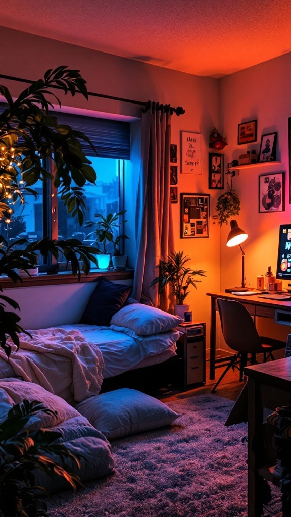 A cozy dorm room with warm and colorful lighting, featuring a bed, desk, and plants.