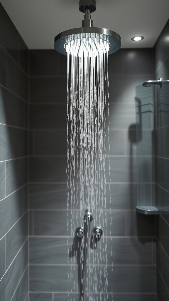 A modern rain shower head with water cascading down in a stylish bathroom.