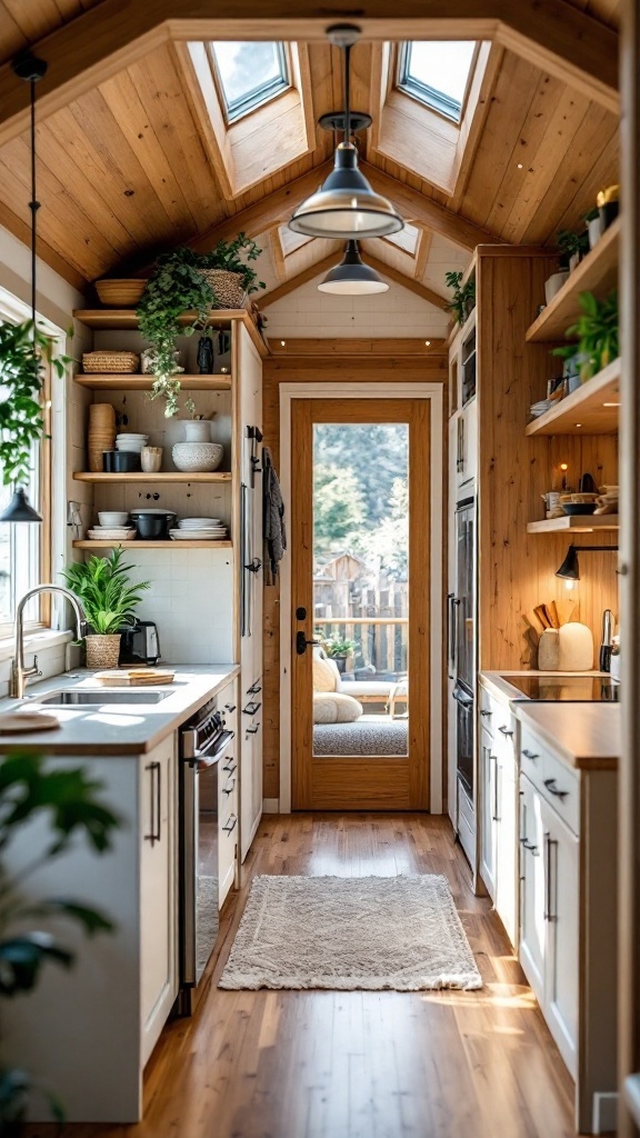 Interior view of a tiny house kitchen with wooden shelves and bright natural light.