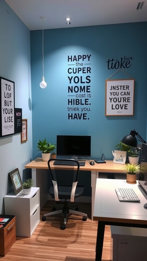 A stylish and organized study corner with two desks, laptops, and plants.