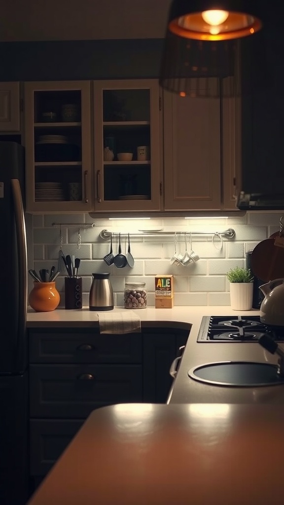 A kitchen with under-cabinet lighting illuminating the countertop and backsplash.