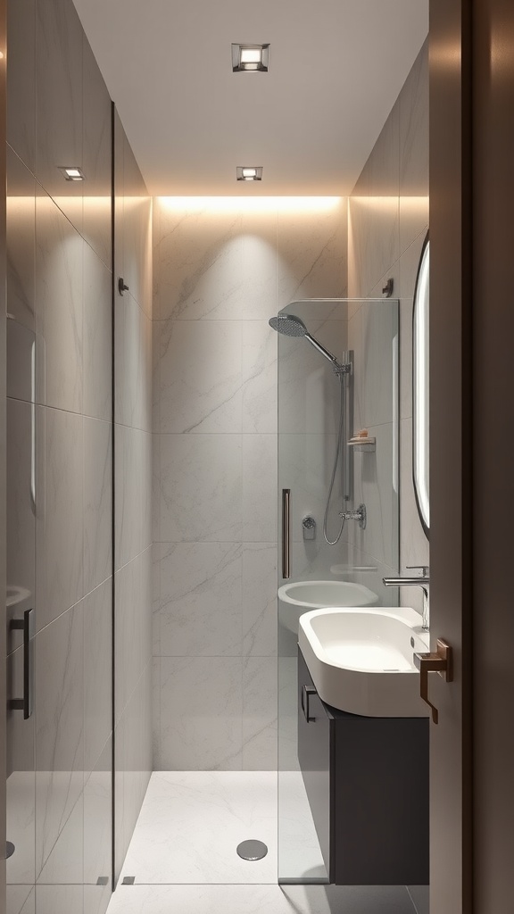 Small bathroom with integrated lighting and shower