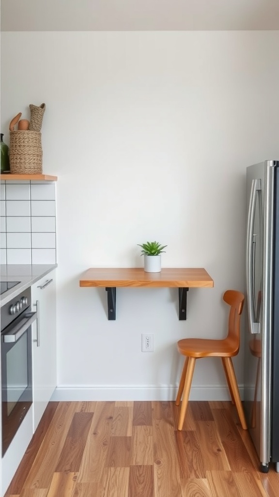 A fold-down dining table attached to a wall in a small kitchen, with a wooden chair and a small plant on the table.