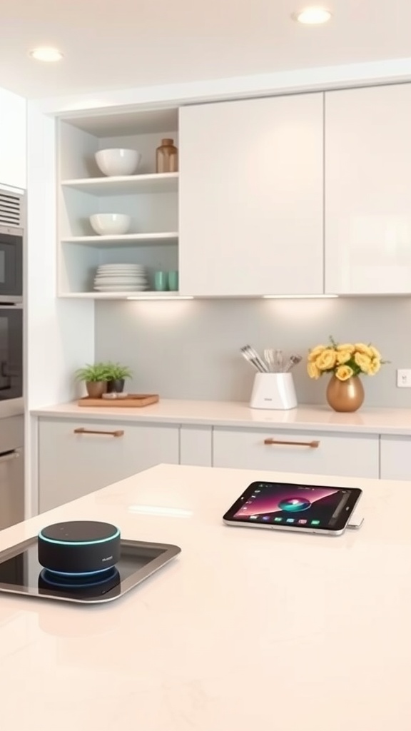 A modern kitchen countertop featuring a smart speaker and a tablet on a clean, stylish surface.