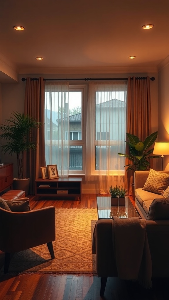 A cozy Wabi Sabi living room with warm lighting and natural elements.