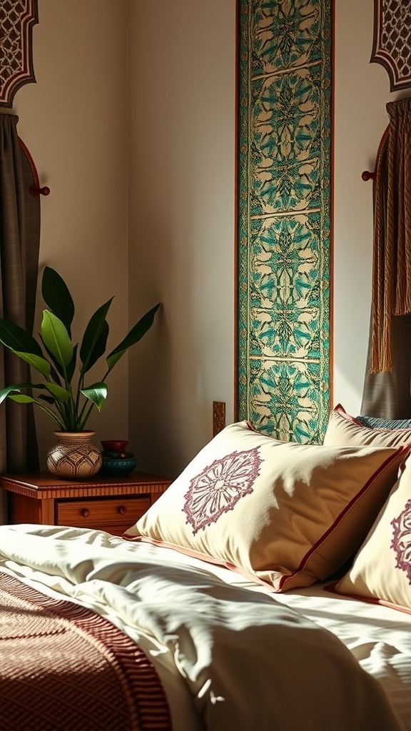 A cozy bohemian bedroom featuring intricate mosaic tile designs.