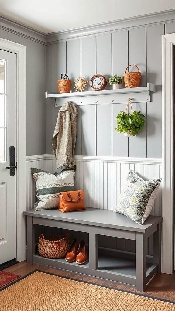 A welcoming entryway featuring a gray wall, plants, a clock, and cozy seating.