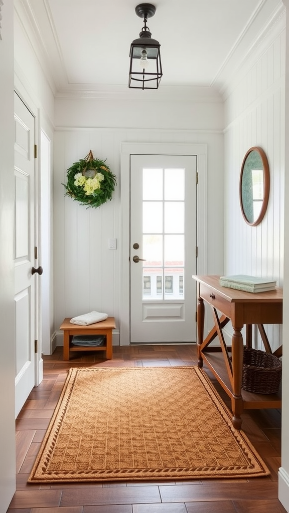 Bright entryway with a decorative mat, a wooden table, and a door with glass panels.