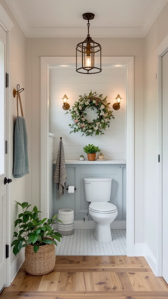 Cozy farmhouse bathroom entryway with plants and decorative elements