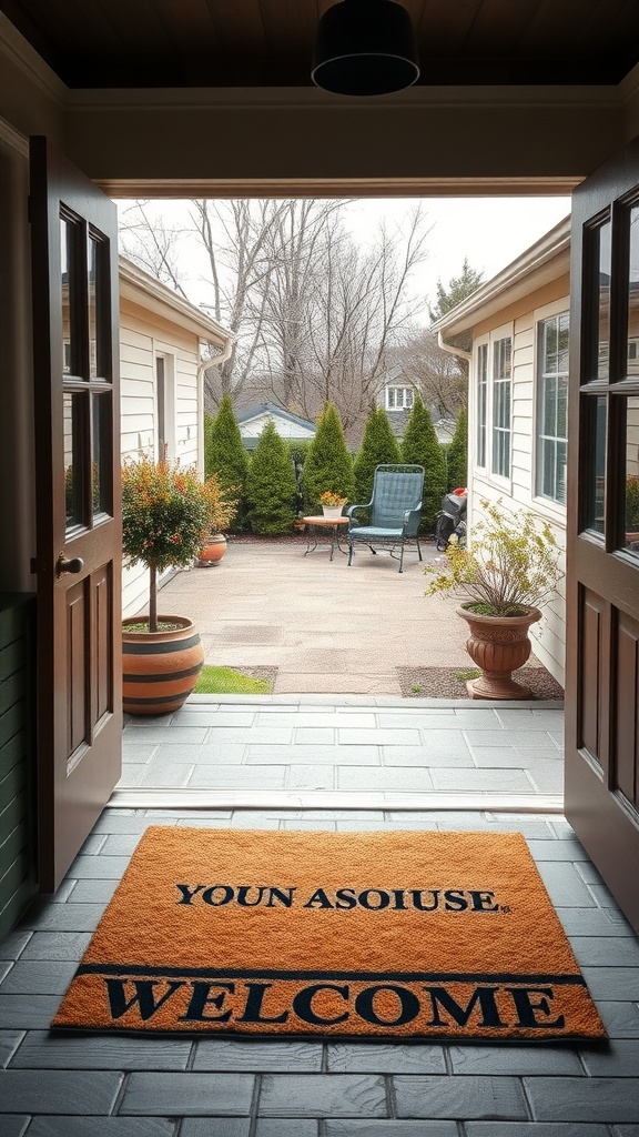 An inviting welcome mat at the entrance of a townhouse patio, featuring bold letters.