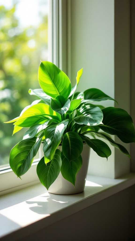 A lush jade plant with thick leaves sitting in a bright window.