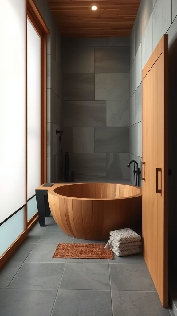 A Japanese soaking tub made of wood in a modern bathroom setting