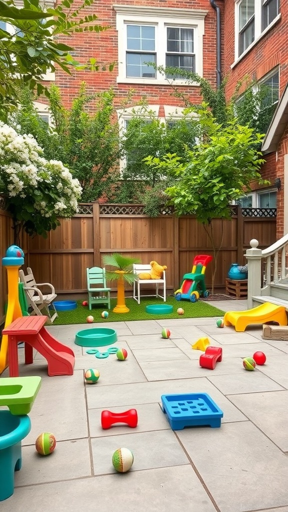 A colorful kid-friendly play zone with toys and seating in a townhouse patio.