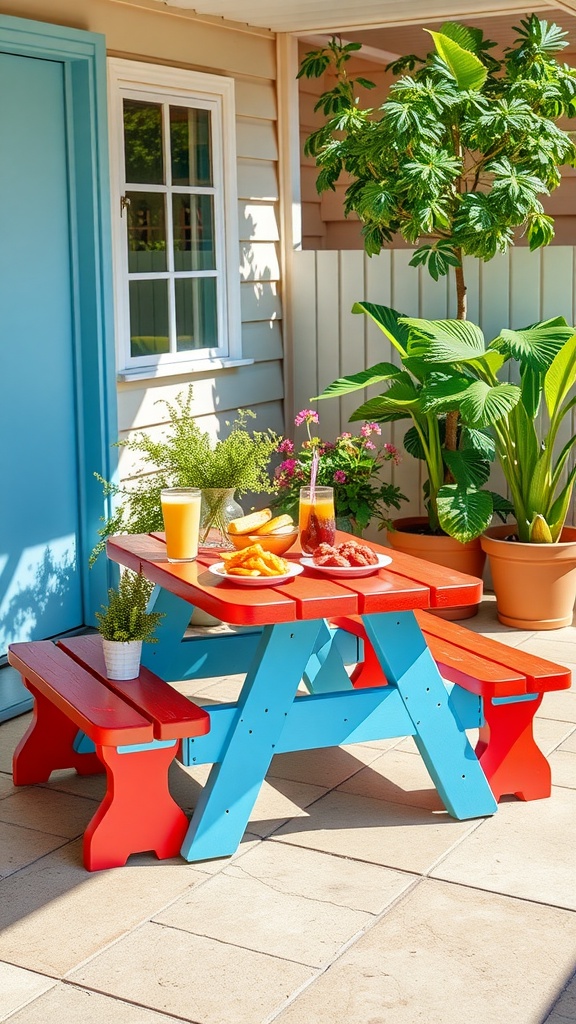 Brightly colored kid-sized picnic table set with snacks and drinks in a sunny patio setting.