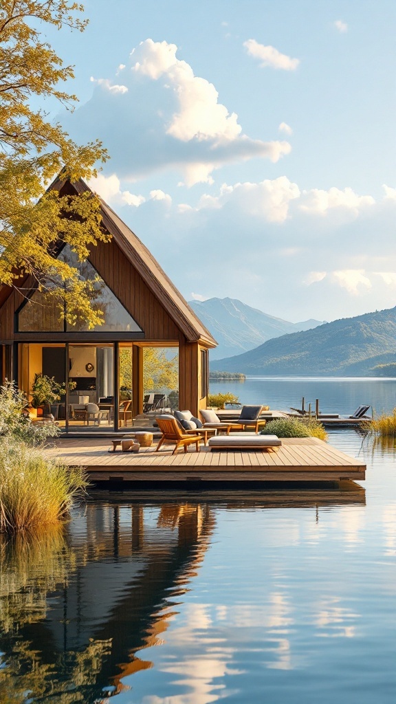 A modern lakefront cottage with large windows, a wooden deck, and scenic mountain views.