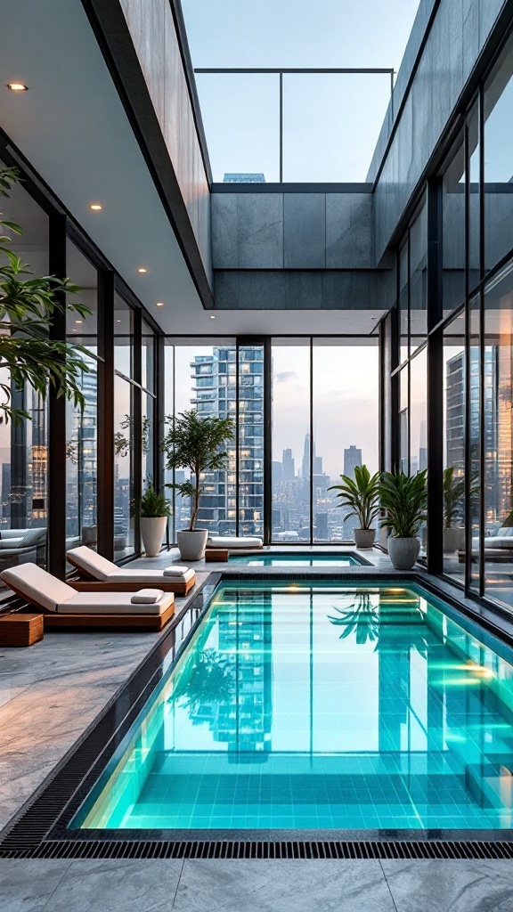 A luxury penthouse indoor pool surrounded by glass walls and city views.