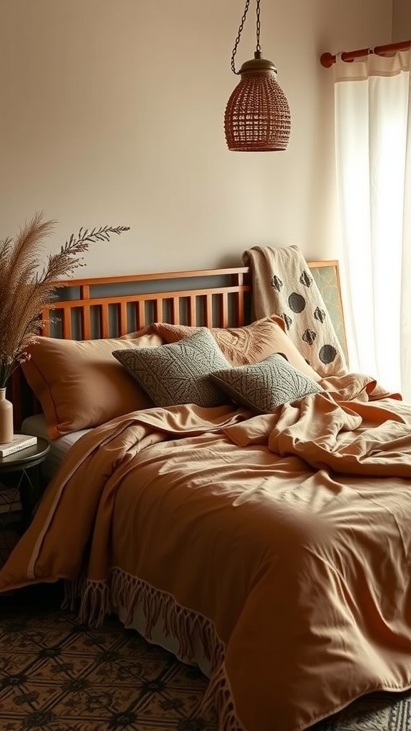 A bohemian bedroom with layered bedding in earthy tones, featuring soft oranges and browns.