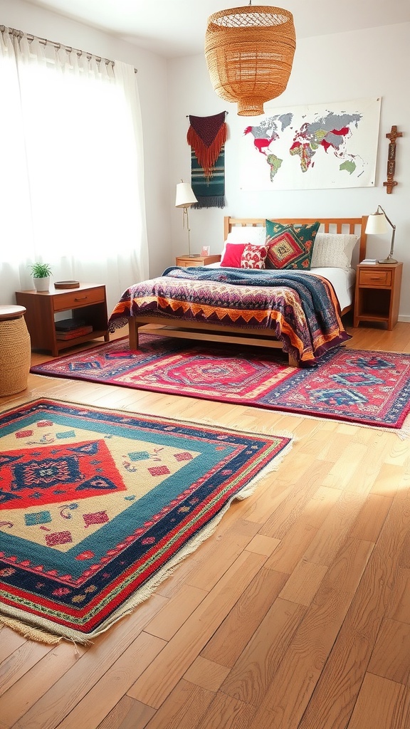 Cozy bohemian bedroom with layered kilim rugs, featuring warm colors and inviting decor.