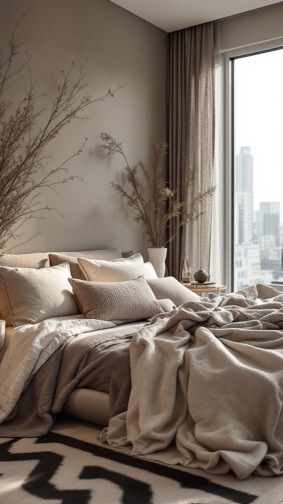 Cozy penthouse bedroom with layered textiles on the bed and soft natural light.