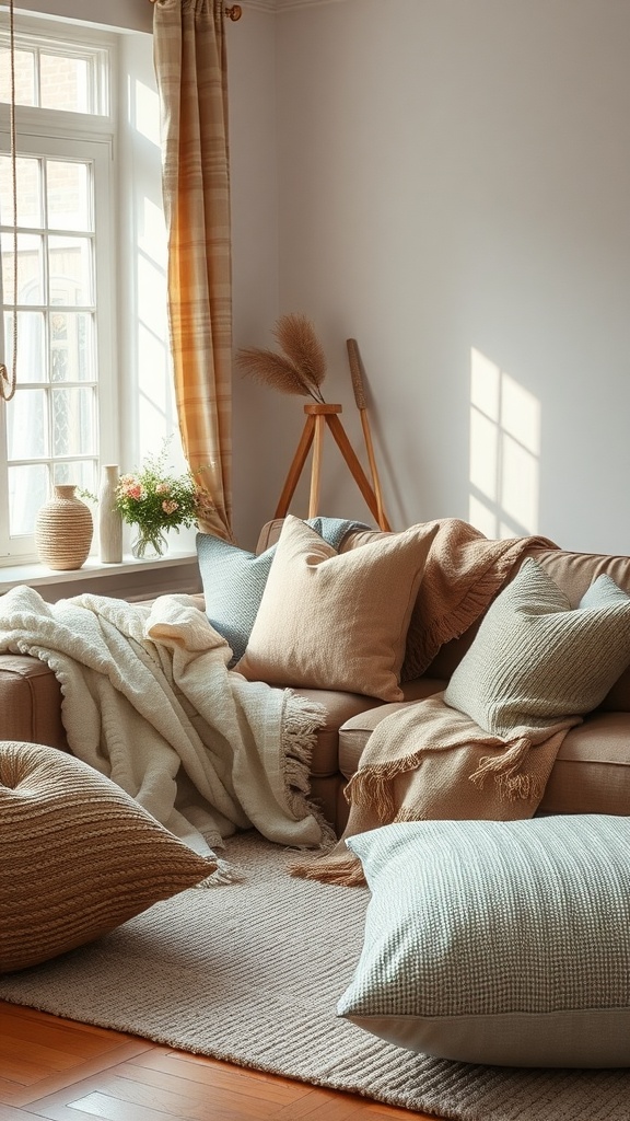 A cozy living room with layered textiles including pillows and blankets in warm colors.