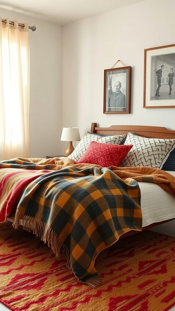 A cozy mid-century bedroom featuring layered textiles, including a plaid throw blanket and decorative pillows.