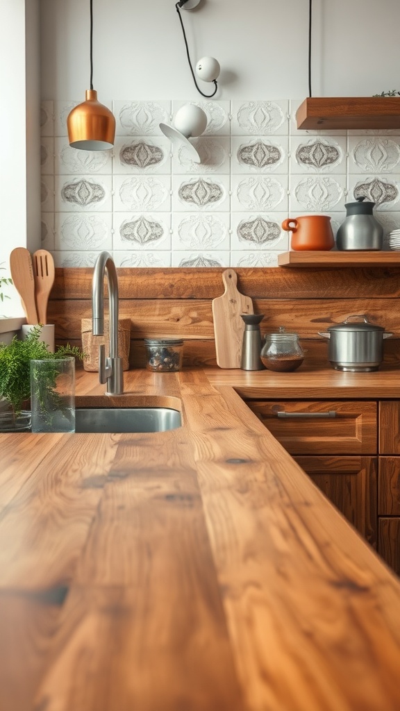 Stylish kitchen countertop with wooden elements, ceramic pots, and decorative items.