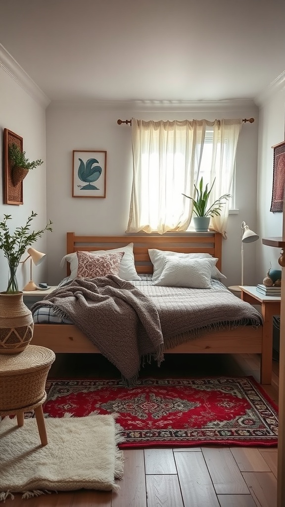 Cozy narrow bedroom with layered textures and warm decor