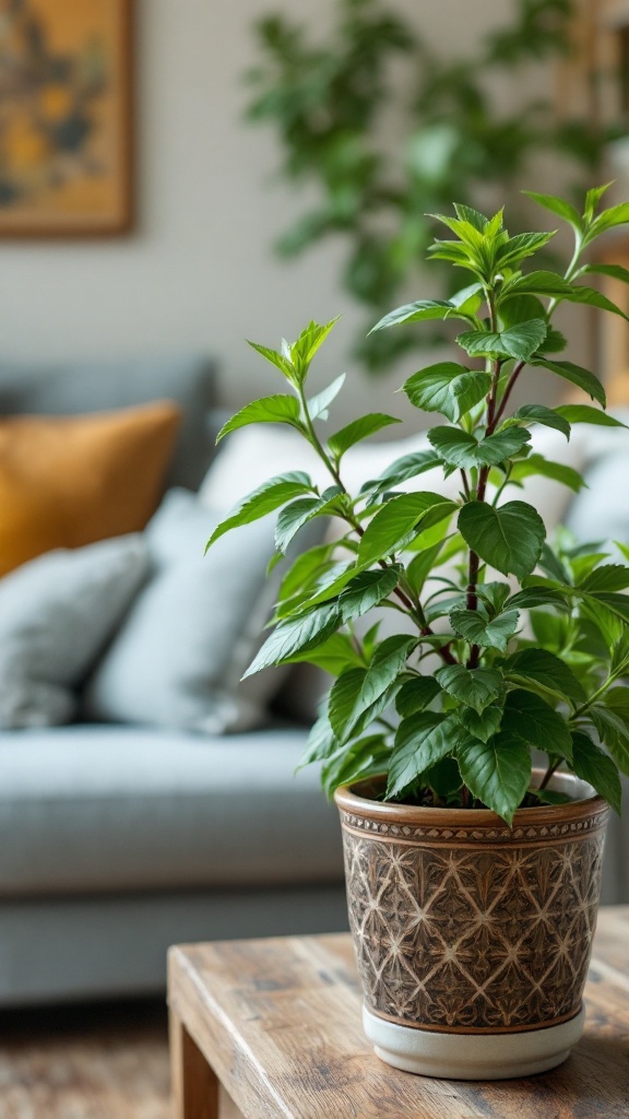 A healthy lemon balm plant in a decorative pot on a wooden table, with a couch and cushions in the background.