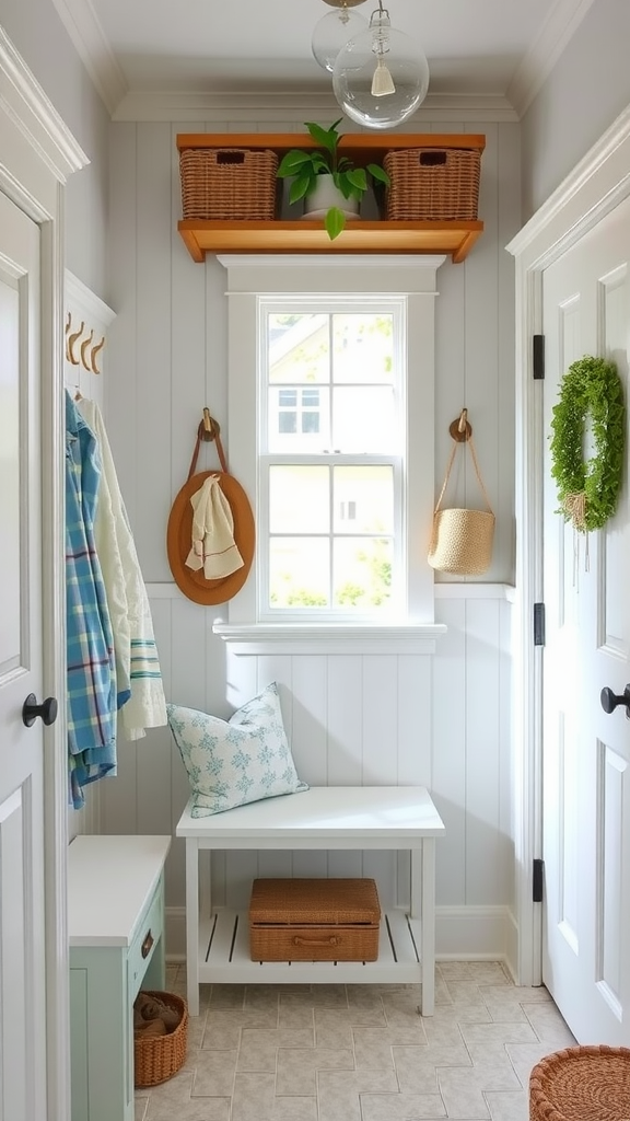 A bright entryway with light colors, baskets, and a cozy seating area.