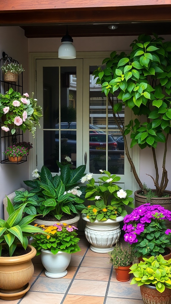 A cozy patio area filled with various potted plants and flowers, creating a vibrant and inviting space.